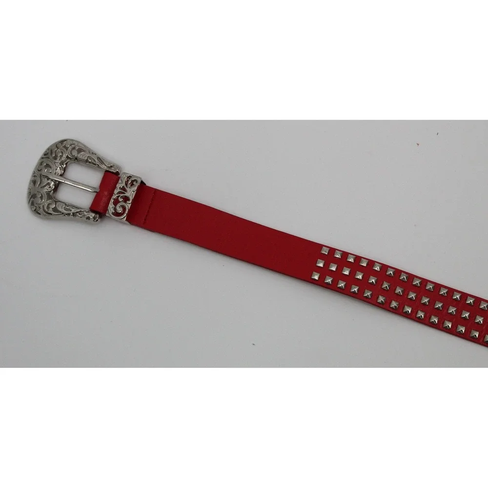 Red Triple Row Pyramid Studded Belt Western Engraved Buckle Punk Rock Edgy Women